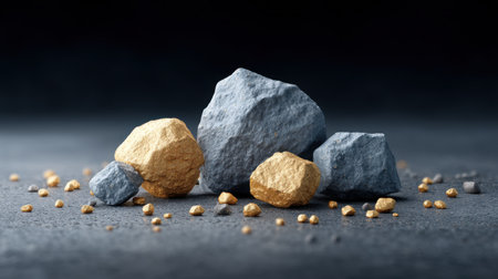 A captivating arrangement of gray rocks alongside shiny gold specimens creates a striking visual contrast. Perfect for themes of nature, geology, and luxury.の素材