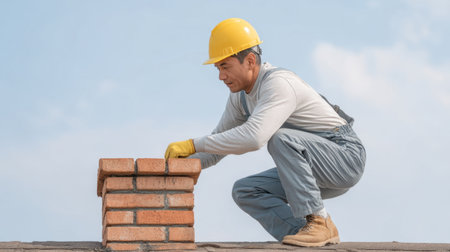 A dedicated construction worker carefully builds a brick chimney on a rooftop, showcasing craftsmanship and safety while working under a clear blue sky.の素材