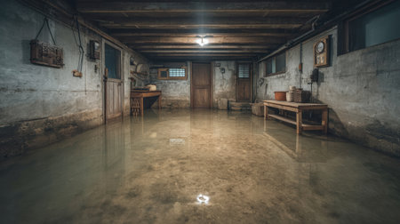 A dark and flooded basement filled with water, featuring wooden furniture and reflections on the surface, highlighting the aftermath of a heavy rainfall event.の素材