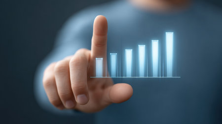 A businessman touches a digital graph interface showcasing rising bars, symbolizing growth and success in a technology-driven market environment.の素材