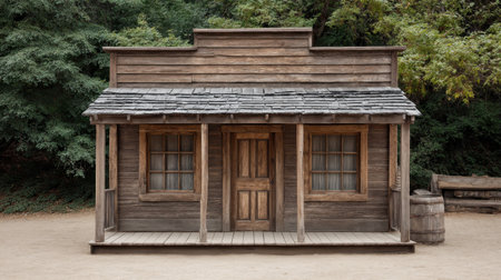 A rustic wooden building exemplifying classic Western architecture, set against a tranquil natural backdrop. Ideal for themes of nostalgia and exploration.の素材