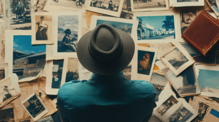 A man in a hat contemplates a collection of vintage photographs, reflecting on the history and memories they evoke. The scene captures a sense of nostalgia and exploration.の素材