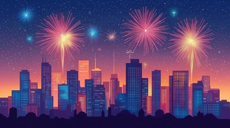 A stunning illustration of a vibrant city skyline illuminated by colorful fireworks against a deep blue night sky, perfect for festive themes or celebrations.の素材