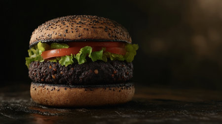 A delicious black bean burger stacked high with fresh lettuce and tomato. Ideal for vegetarian and healthy meal concepts, showcasing culinary creativity.の素材