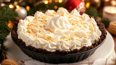 A mouthwatering dessert featuring a creamy whipped cream topping and chocolate crust, perfect for holiday celebrations and festive gatherings.の素材