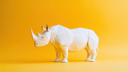 A striking minimalistic paper rhinoceros sculpture against a bright yellow background, showcasing geometric shapes and modern artistic flair. Perfect for creatives.の素材