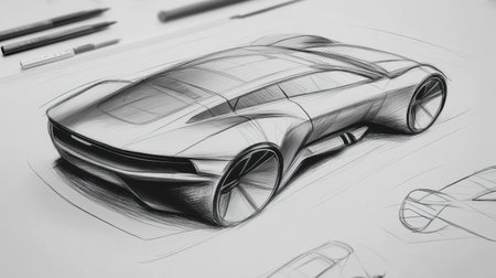 A detailed sketch of a futuristic car design showcased on drawing paper, highlighting its innovative features and sleek lines, ideal for automotive projects.の素材