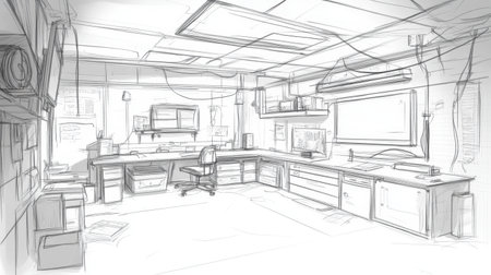 A detailed sketch of an empty workshop space featuring a desk, chair, and various equipment setups, showcasing a clean and organized interior.の素材
