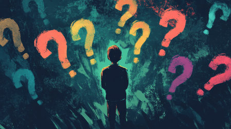 A captivating illustration of a boy standing amid vibrant question marks, symbolizing uncertainty and the quest for knowledge. Perfect for creative themes.の素材