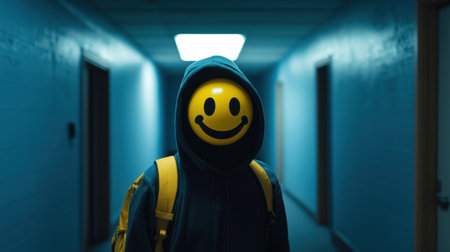 A hooded figure stands in a dimly lit hallway, wearing a bright smiley face mask. The blue tones create a mysterious atmosphere, evoking emotion and intrigue.の素材