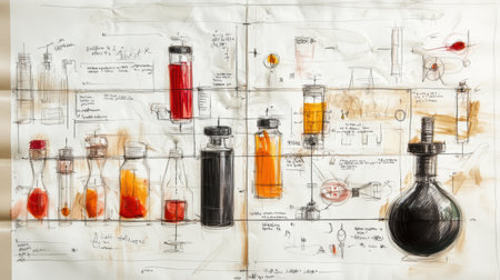 A detailed artistic sketch presenting various bottles and liquids, highlighting the scientific exploration and experimentation in a laboratory setting.の素材