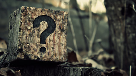 A rustic wooden block featuring a large question mark, symbolizing mystery and curiosity. This image captures a nature-inspired scene perfect for thoughtful designs.の素材