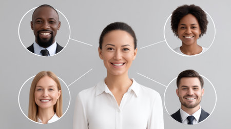 A confident woman stands in the center, symbolizing teamwork and collaboration with diverse colleagues, capturing the essence of modern professional relationships.の素材