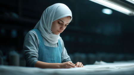 A young woman wearing a headscarf concentrates on sewing fabric in a serene workshop, exemplifying dedication and intricate craftsmanship in her craft.の素材