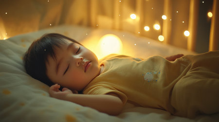 A serene scene of a baby peacefully sleeping against a backdrop of soft lights, capturing the innocence and tranquility of childhood in a cozy setting.の素材