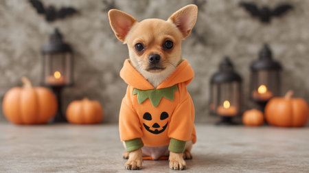 A cute Chihuahua dressed in a pumpkin costume sits among Halloween decorations, featuring glowing lanterns and pumpkins, exuding charm and playful spirit.の素材