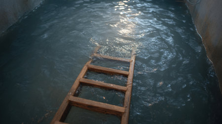 A wooden ladder partially submerged in calm water creates a serene atmosphere with gentle ripples reflecting light, ideal for artistic and tranquil compositions.の素材