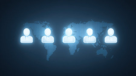 This image represents digital connections among users with glowing avatars overlaying a dark world map, illustrating the essence of global communication and networking innovation.の素材
