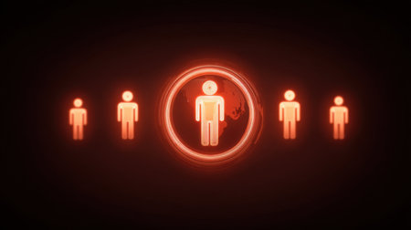 This illustration depicts a central individual glowing warmly among a group of silhouettes, symbolizing connection and community within a global context.の素材