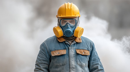 A focused industrial worker in protective gear stands confidently amidst swirling smoke, emphasizing the importance of safety and health standards in hazardous environments.の素材