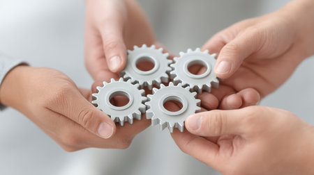 This image captures hands holding interlocking gears, representing teamwork and innovation in a modern business environment. A perfect visual for collaboration themes.の素材