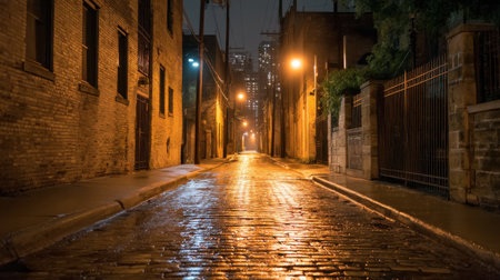 A tranquil urban alley captured at night, featuring wet cobblestones and glowing street lights that reflect in puddles, enhancing the mysterious atmosphere.の素材