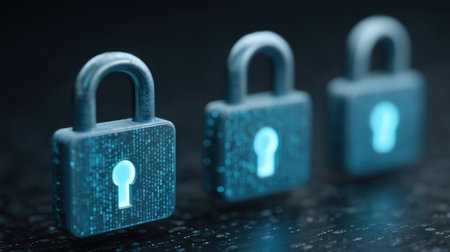 Three blue digital locks on a dark background symbolize security and protection in the digital age, emphasizing the importance of data privacy and cyber safety.の素材