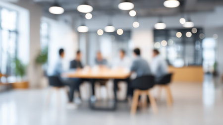 A blurred view of a business meeting in a modern office setting, highlighting professionals engaged in collaboration and discussion around a conference table.の素材