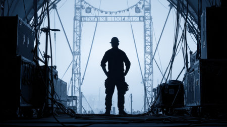 A striking silhouette of a construction worker in safety gear stands poised at a stage venue, surrounded by equipment and rigging, ready for an upcoming event.の素材