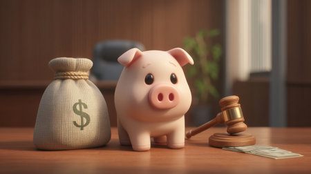 A charming piggy bank sits beside a money bag and gavel, illustrating financial concepts in a professional office environment, perfect for savings or budgeting themes.の素材