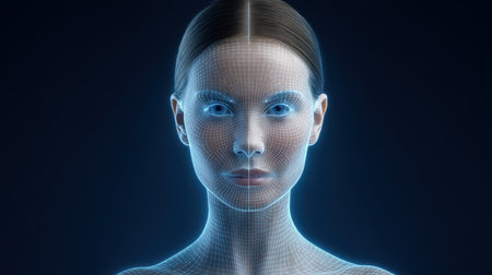 This detailed 3D wireframe model showcases a futuristic human face, blending technology and art. Ideal for projects in design, innovation, and digital representation.の素材