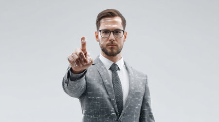 A businessman in a tailored suit interacts with futuristic digital visuals, symbolizing innovation and progress in a modern office setting.の素材