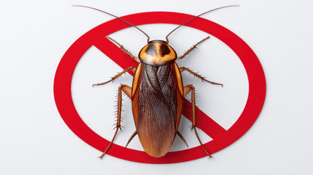 This graphic features an American cockroach juxtaposed with a bold red prohibition sign, emphasizing the importance of pest control in maintaining hygiene and health.の素材