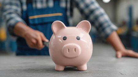 A close-up image of a pink piggy bank being held above a table with a hammer, highlighting the importance of savings and financial literacy in a workshop setting.の素材