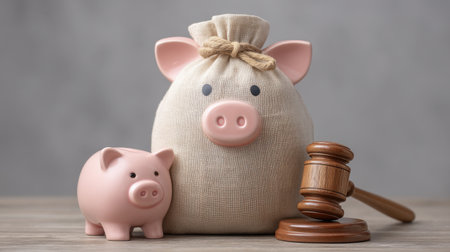A charming depiction of a piggy bank alongside a burlap sack and a gavel, illustrating themes of finance, savings, and legal matters in a simple and effective arrangement.の素材