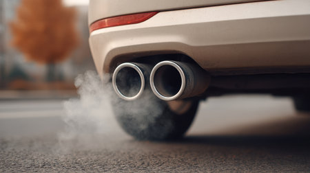 Close-up view of dual chrome tailpipes releasing exhaust smoke on a city road, with autumn trees in the background, showcasing urban transportation and environmental impact.の素材