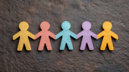 This vibrant image showcases colorful paper figures holding hands on a textured surface, symbolizing unity and togetherness. Perfect for themes of community and inclusion.の素材