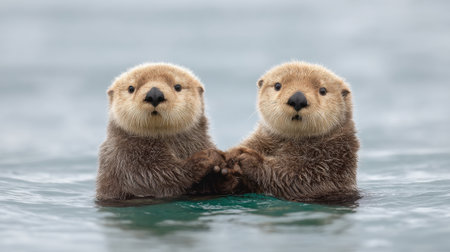 Two adorable otters float together in tranquil waters, showcasing their bond as they hold hands. This charming moment captures the playful spirit of marine wildlife.の素材