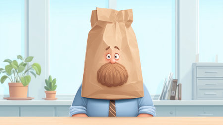 A whimsical cartoon illustration featuring a bewildered man with a paper bag on his head, seated at an office desk, surrounded by bright windows and greenery.の素材