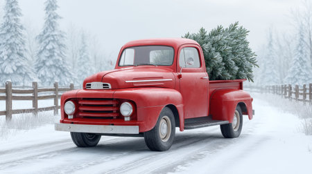 A nostalgic red vintage pickup truck carries a freshly cut Christmas tree through a serene winter landscape, complete with snow-coated trees and a peaceful ambiance.の素材
