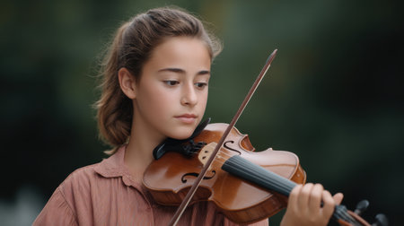 A young girl plays the violin in an outdoor setting, showcasing her dedication and artistic expression. The image captures her concentration against a soft blurred background.の素材