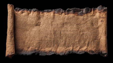 This image features an ancient scroll crafted from weathered papyrus, revealing intricate text that reflects deep historical interest and cultural significance.の素材