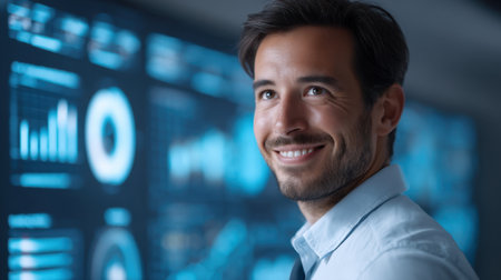 A confident and smiling professional man stands before digital screens showcasing data analytics metrics, embodying success and innovation in a modern office setting.の素材