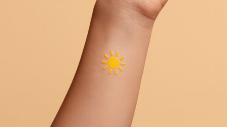 A close-up of a hand with a sun symbol painted in vibrant yellow on a beige background, representing warmth and joy, perfect for artistic and creative projects.の素材