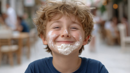 A joyful child with whipped cream on his face smiles brightly, capturing a carefree moment in a sunny outdoor cafe, celebrating the delights of childhood and sweets.の素材