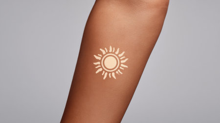 Close-up of a beautifully designed sun symbol tattoo on an arm, capturing the essence of body art and personal expression against a simple, neutral backdrop.の素材