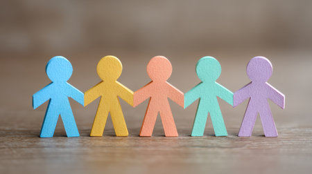 Colorful paper figures stand hand-in-hand on a wooden surface, symbolizing unity, friendship, and community in a playful and artistic visual representation.の素材