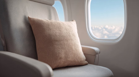 A cozy airplane seat featuring a soft pillow by the window, creating a serene atmosphere perfect for relaxation while traveling above the clouds on a bright day.の素材