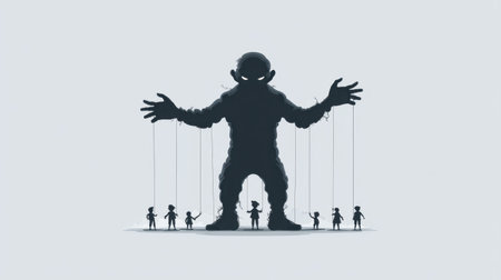 A striking visual portraying a massive shadowy figure controlling puppets, symbolizing manipulation and power dynamics in a surreal and thought-provoking manner.の素材