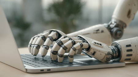A set of robotic hands engaged in typing on a laptop keyboard, showcasing the intersection of technology and productivity in a contemporary office environment.の素材